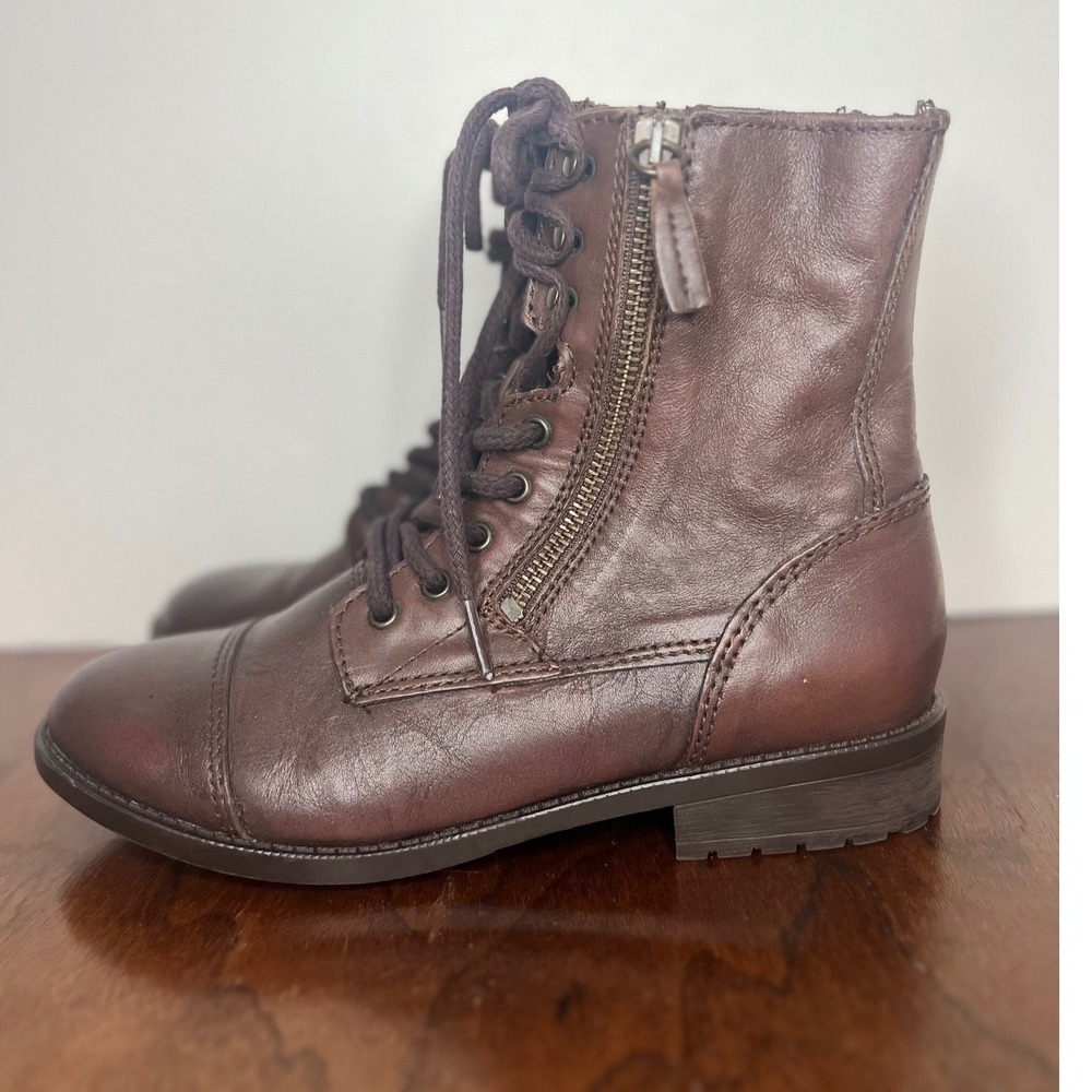 Steve Madden Toga Combat Boot Brown Women's Size 8 Leather Lace Up Side Zip